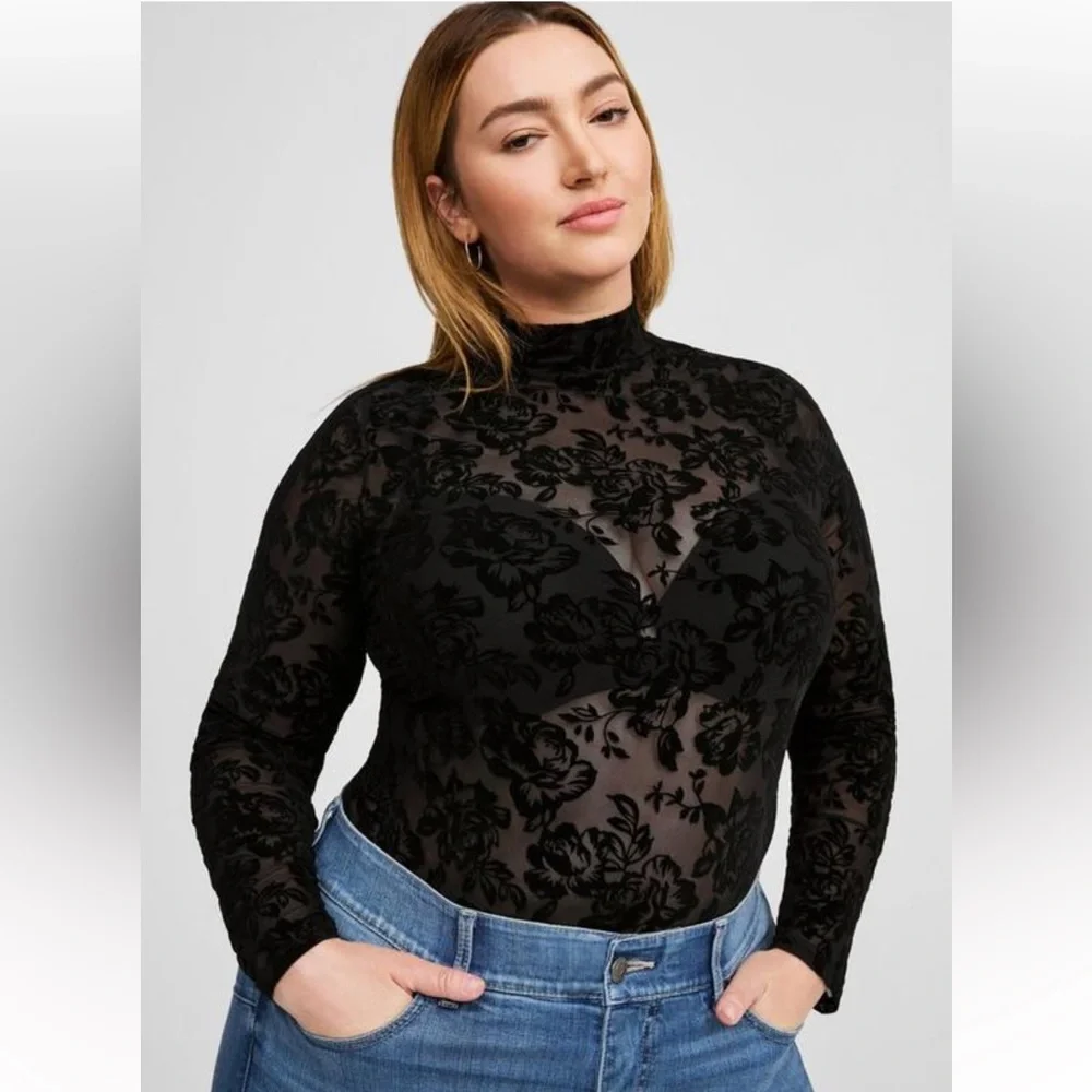 TORRID Flocked Mesh Mock Neck Black Long Sleeve Floral Top Size 1X 14/16 NEW - Picture 1 of 6